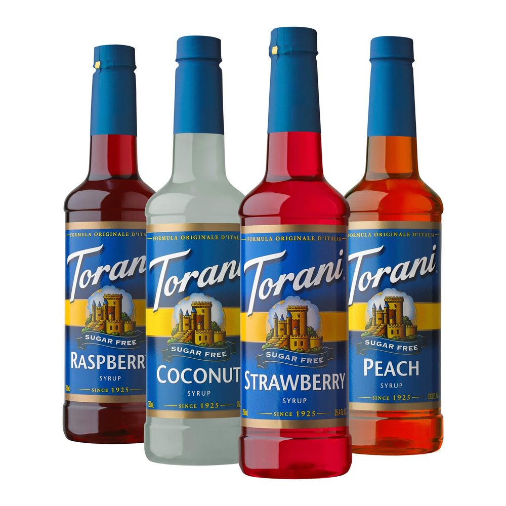 Torani sugar free strawberry syrup bottle for refreshing Italian sodas