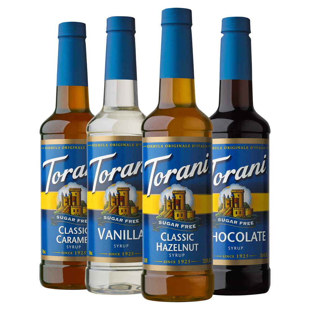 Torani Sugar Free Vanilla bottle for zero-calorie latte flavoring.