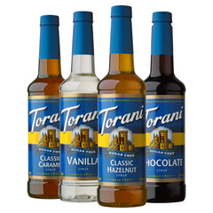 Torani Sugar Free Vanilla bottle for zero-calorie latte flavoring.