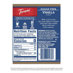 Torani Sugar Free Vanilla bottle beside a latte on table, showcasing rich flavor without added sugar.
