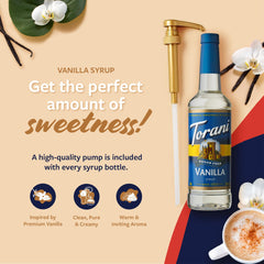 Torani Sugar Free Vanilla Syrup bottle highlighting zero sugar