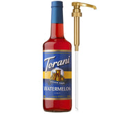 Torani sugar-free watermelon syrup bottle with pump for mess-free flavoring.