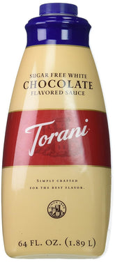 Torani Sugar Free White Chocolate Sauce bottle highlighting zero calories and rich flavor.