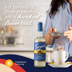 Torani Sugar Free White Chocolate Syrup topping on desserts and drinks.