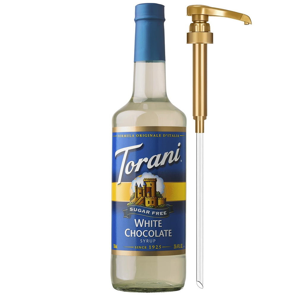 Torani Sugar Free White Chocolate Syrup bottle with pump for mess-free pouring.