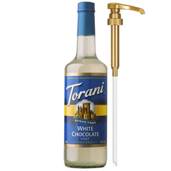 Torani Sugar Free White Chocolate Syrup bottle with pump for mess-free pouring.