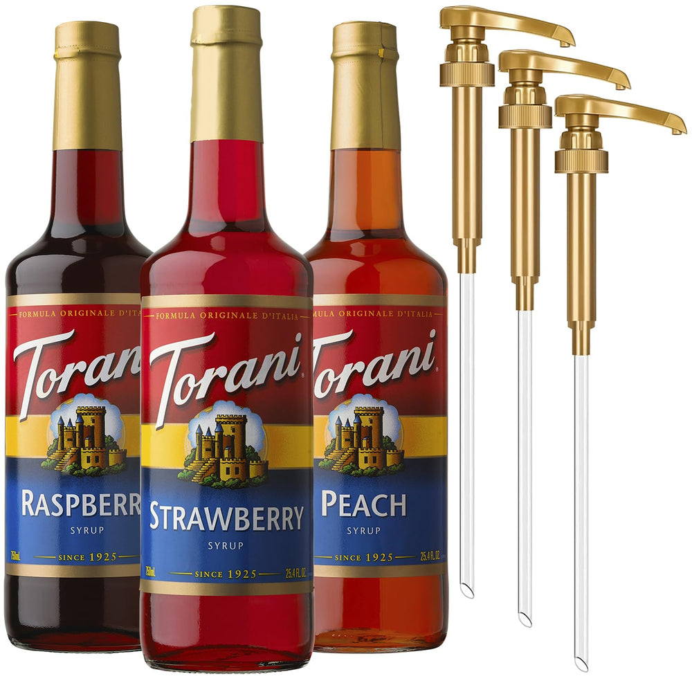 Torani trio syrups with pumps bundle for easy flavoring at home.