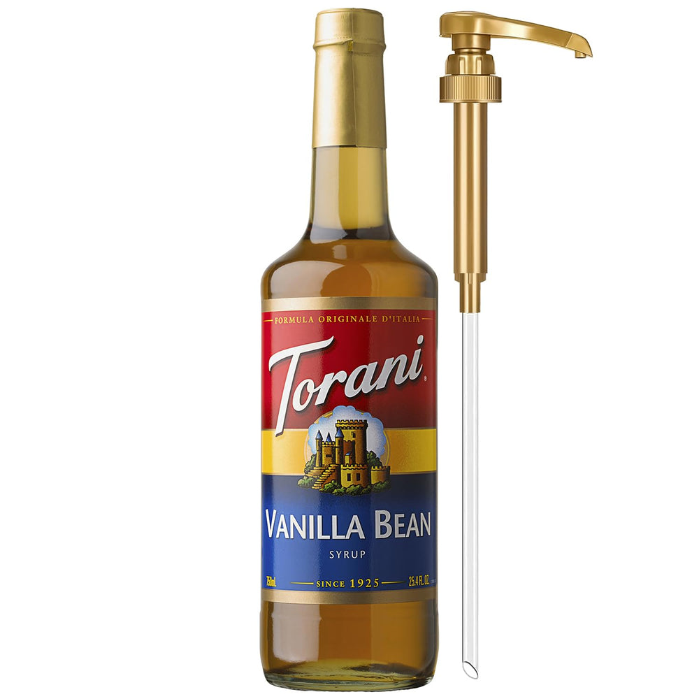 Torani Vanilla Bean Syrup bottle with pump for easy flavoring in drinks