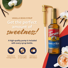 Pouring Torani Vanilla Bean Syrup for coffee and desserts