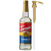Torani vanilla coffee syrup bottle with pump enables mess-free flavoring in drinks.