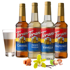 Torani vanilla syrup bottle front for everyday coffees and desserts.