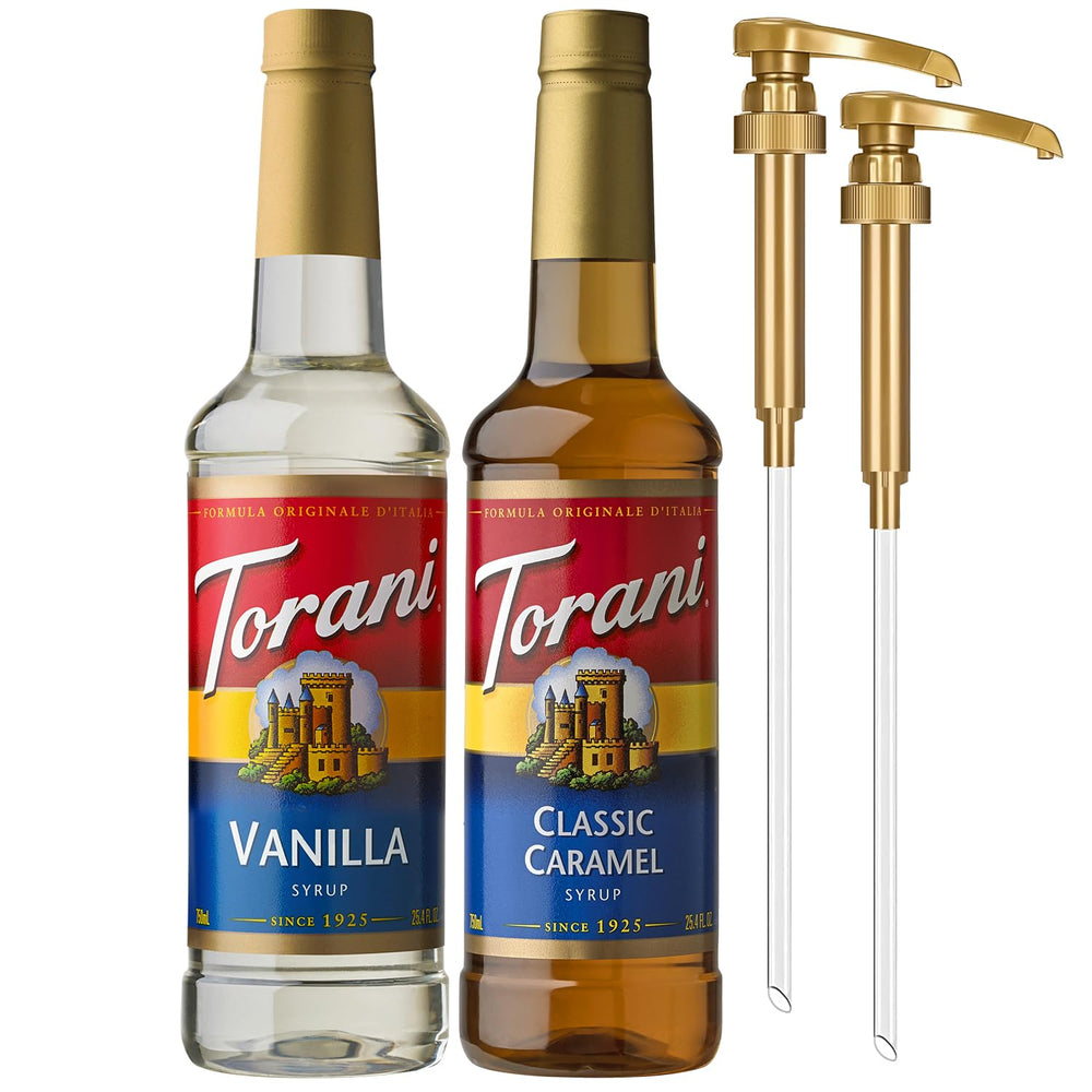 Torani vanilla syrup bottle pour for a creamy latte
