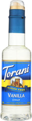 Torani Vanilla Syrup bottle front view showing rich vanilla flavor for coffee.