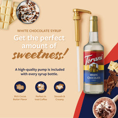 Glass bottle presentation of Torani White Chocolate Syrup for home barista use.