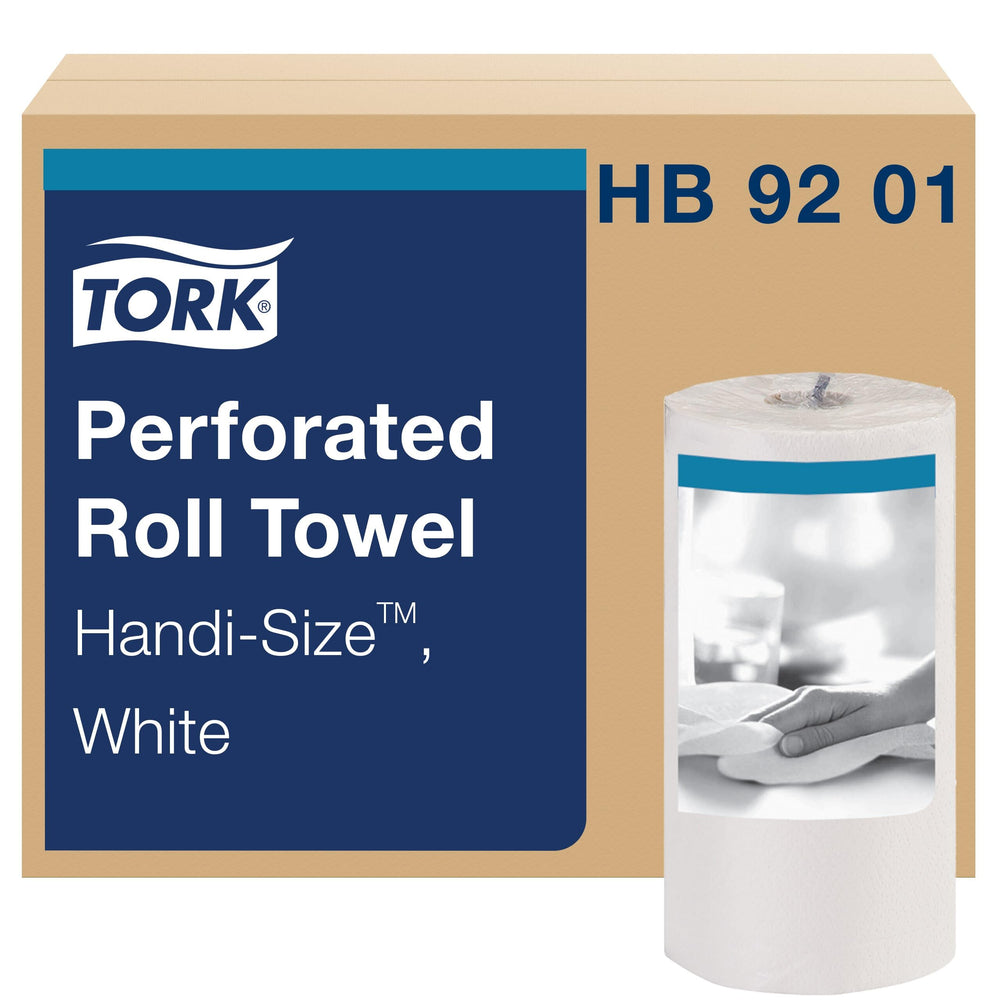 Tork Handi-Size perforated roll towel white pack closeup shows half or full sheet option