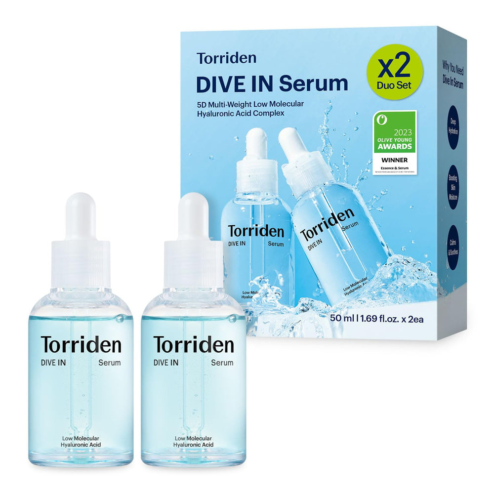 Torriden DIVE IN hyaluronic serum bottle promotes refreshing hydration for radiant skin.