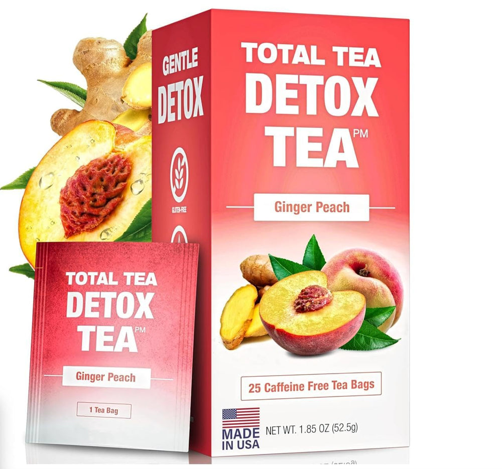 Total Tea Slimming Detox Tea bottle label shows caffeine-free blend for digestive health.