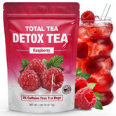 Total Tea Slimming Detox Tea bottle being poured, caffeine-free refreshment for digestion support.
