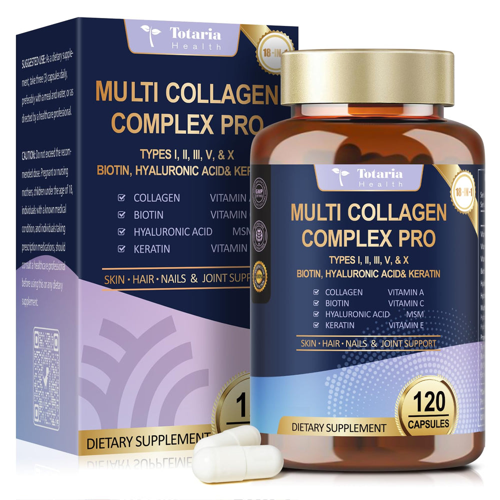Totaria 18-in-1 Collagen Pro bottle label highlighting skin support and joint vitality.