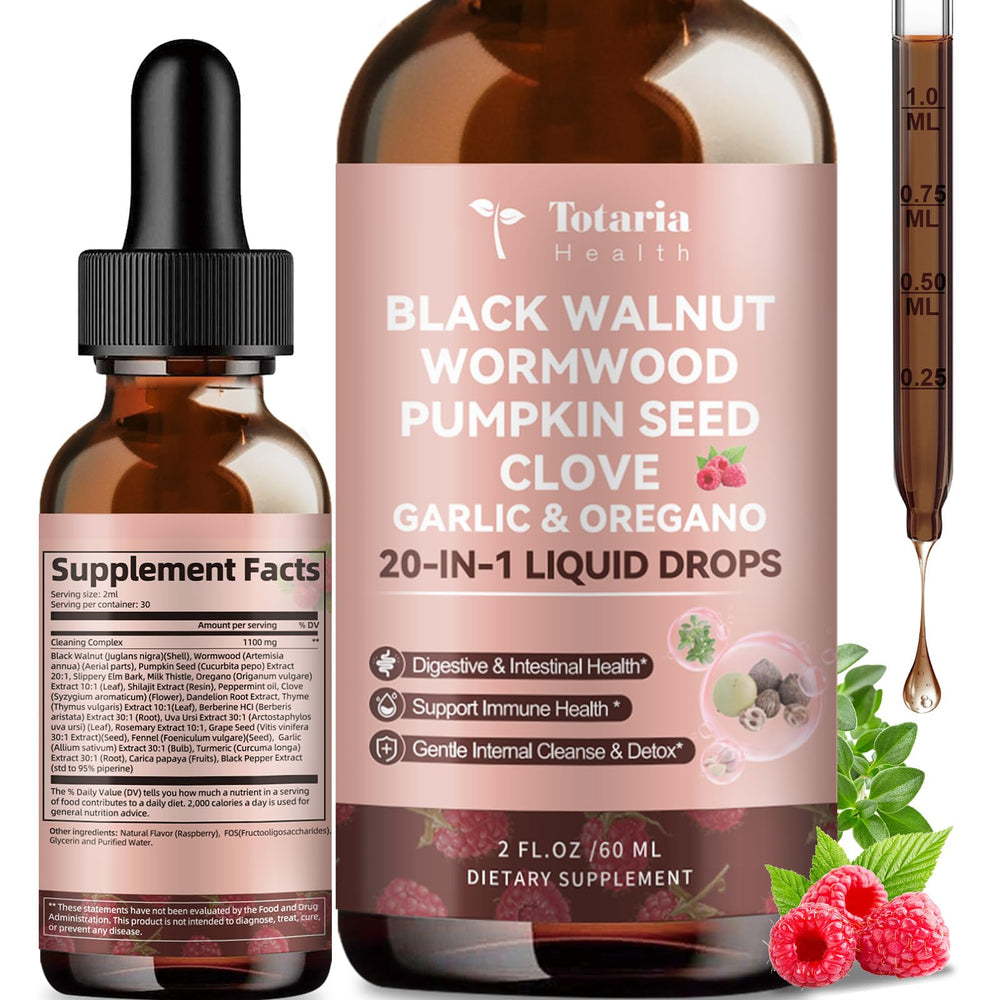Totaria 20in1 bottle front label highlights raspberry flavored alcohol-free tincture for daily use