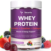 Totaria 3in1 whey protein gummies bottle front for convenient workout protein.