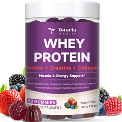 Totaria 3in1 whey protein gummies bottle front for convenient workout protein.