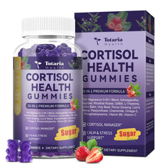Totaria Cortisol Gummies bottle closeup highlighting 20-in-1 formula and wild strawberry flavor