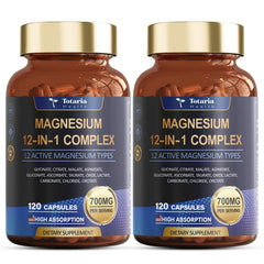 Totaria Magnesium Complex bottle displaying the 12-forms blend for better absorption.