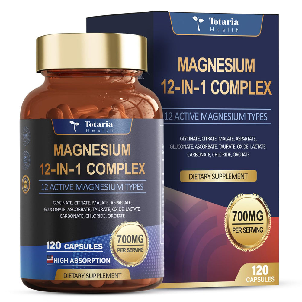 Totaria Magnesium Complex bottle side view, a high-absorption blend for daily wellness.