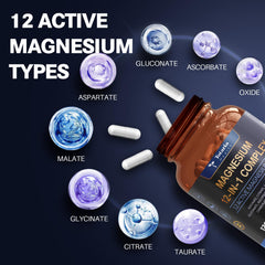 Totaria Magnesium Complex capsules closeup; 12 magnesium forms support absorption.