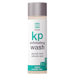 TOUCH KP exfoliating body wash bottle demonstrates a smooth skin result.