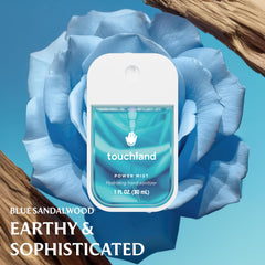 Touchland Blue Sandalwood bottle offering a calming scent and quick refresh