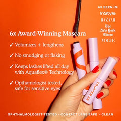 Tower 28 MakeWaves mascara on lashes delivering volumized, natural-looking fullness.