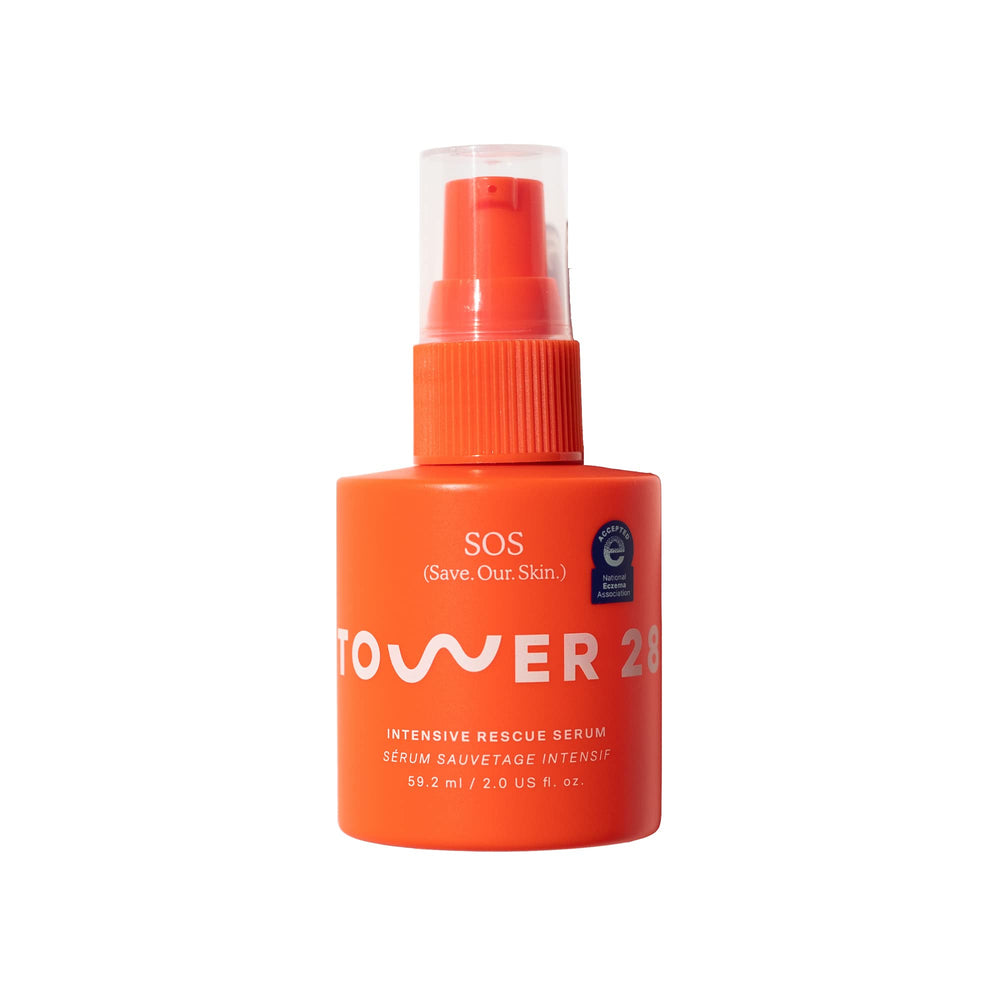 Tower 28 SOS Rescue Face Serum bottle front, fragrance-free formula for sensitive skin.