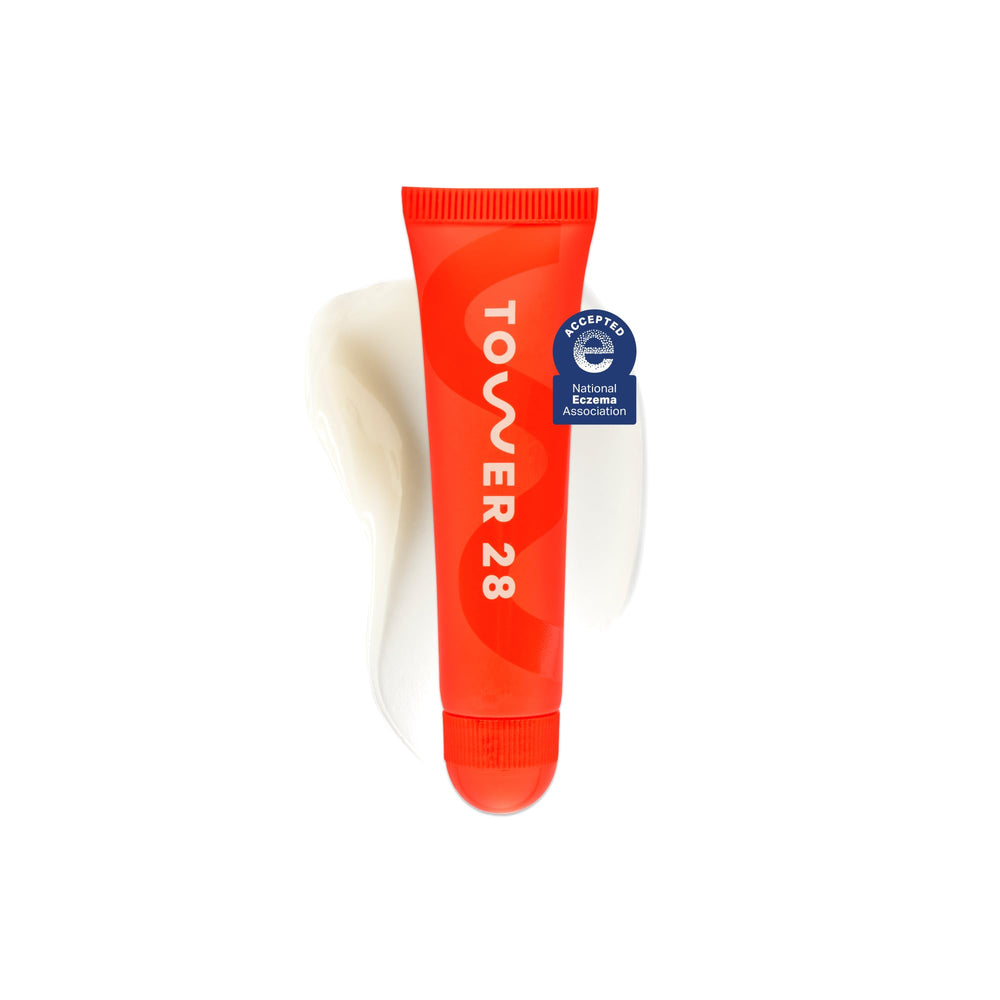 Tower 28 LipSoftie vanilla tinted balm on lips delivers a glassy finish with hydration
