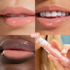Tower 28 ShineOn Lip Jelly swatch on lips with peachy pink glow.