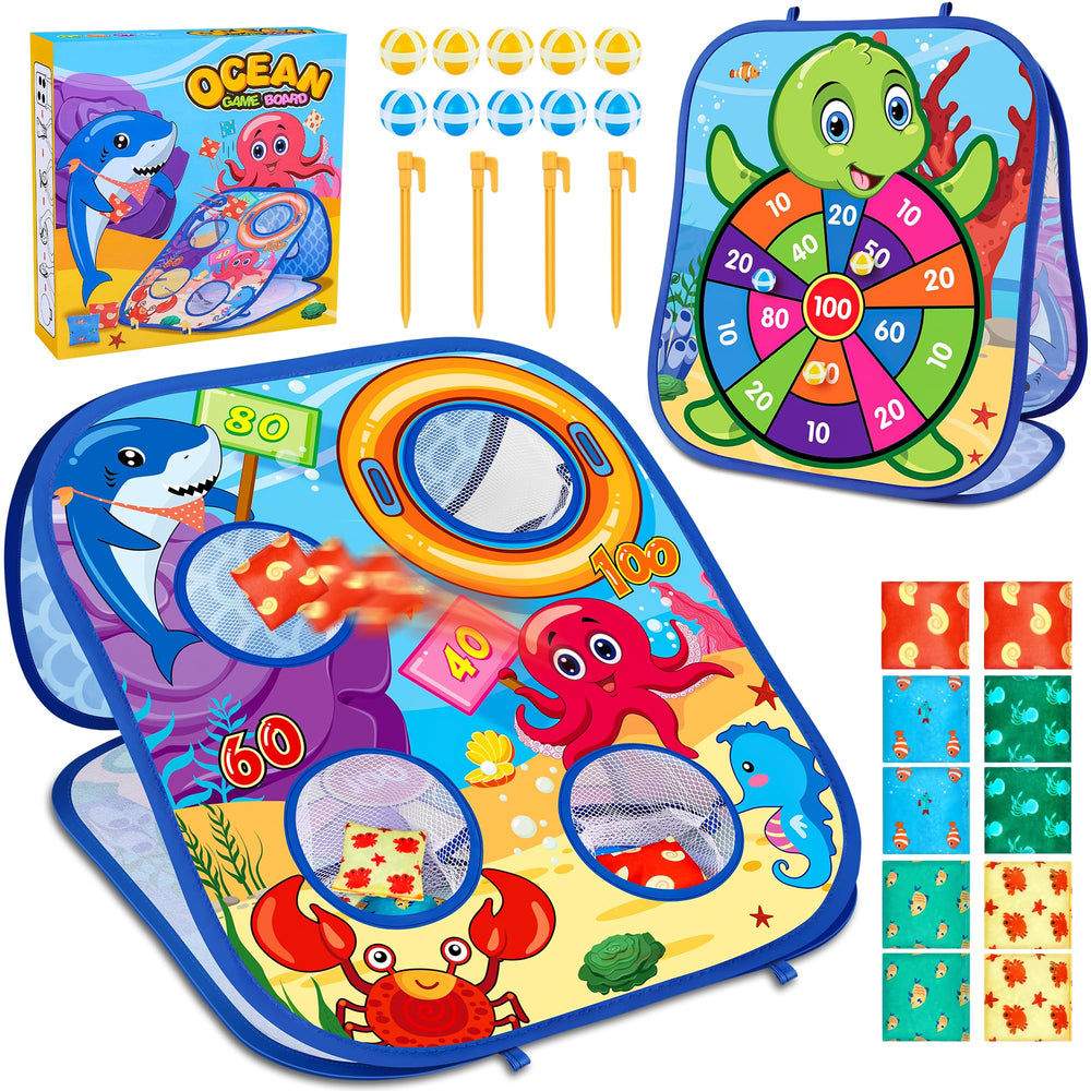 Toyk Ocean bean bag toss set on lawn for family fun