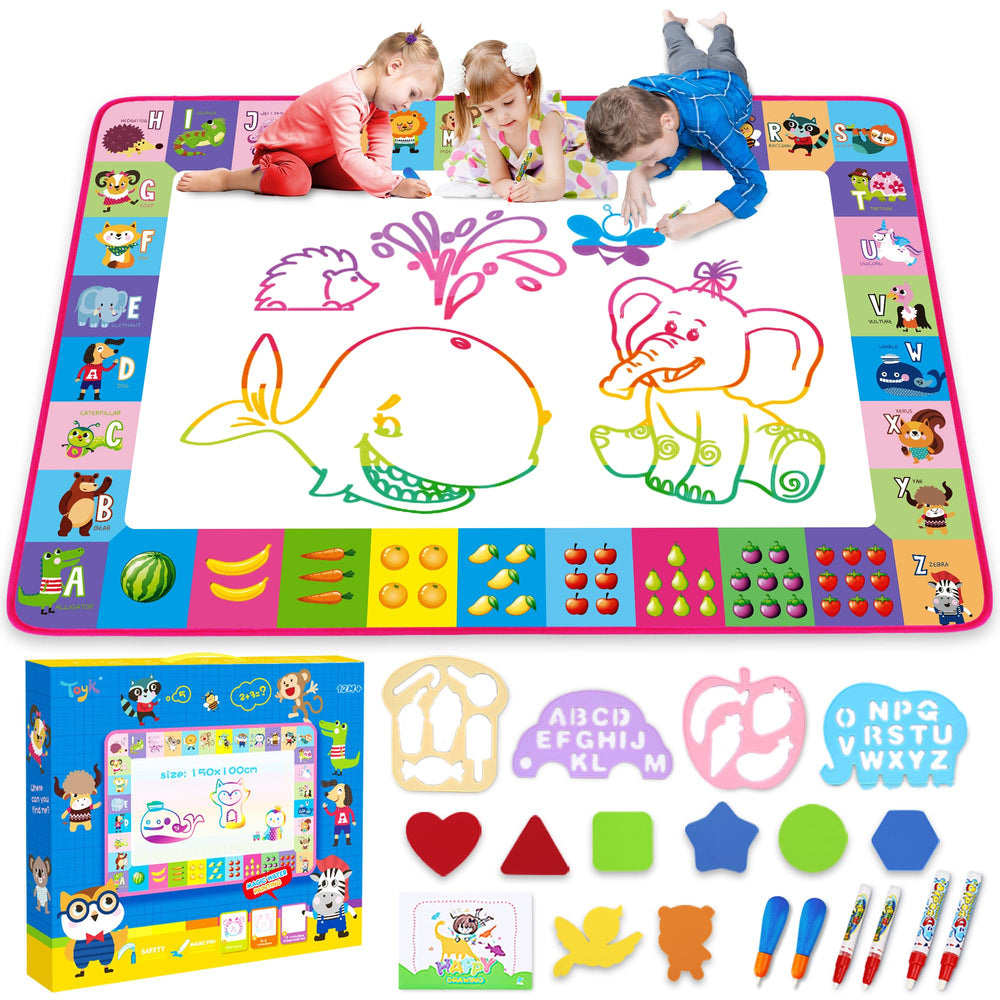 Toyk Water Doodle Mat pink setup shows a reusable water drawing experience for kids.