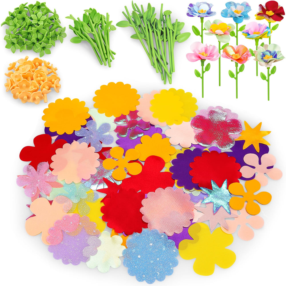 Toyly DIY fabric flower bouquet assembly showing colorful pieces for creative play