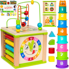 TOYVENTIVE wooden activity cube bead maze fosters early hand-eye coordination learning.