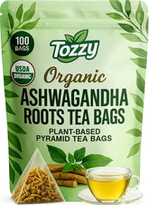 TOZZY Organic Ashwagandha Tea packaging highlights eco-conscious sourcing and pyramid bags.