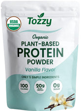TOZZY Vanilla Organic Vegan Protein Powder tub; smooth, plant-based nutrition for daily shakes