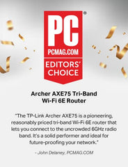TP-Link Archer AXE75 top panel shows tri-band layout for high-capacity networks
