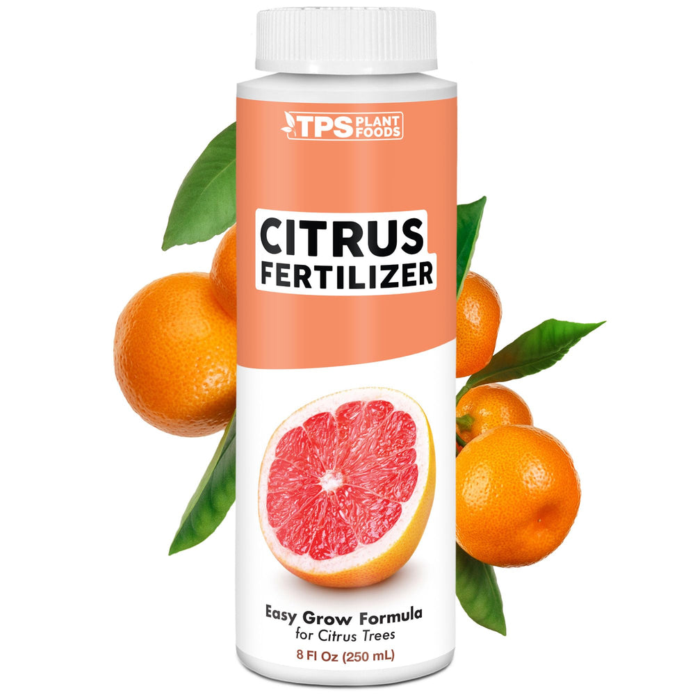 TPS NUTRIENTS Citrus Fertilizer bottle pouring to boost strong roots.