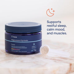 Trace Minerals magnesium glycinate powder mixed berry lemonade in a glass for a relaxing bedtime drink.