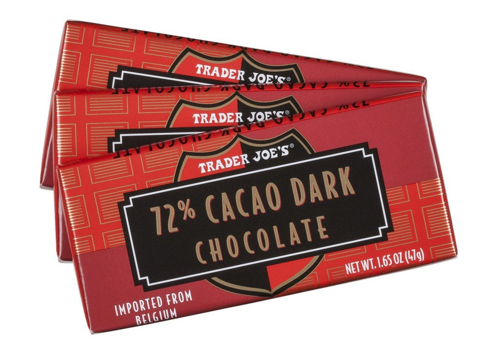 Trader Joe's 72% cacao Belgian dark chocolate bars 3-pack front view for rich indulgence