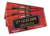 Trader Joe's 72% cacao Belgian dark chocolate bars 3-pack front view for rich indulgence