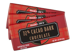 Trader Joe's 72% cacao Belgian dark chocolate bars 3-pack front view for rich indulgence