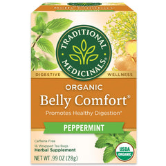 Traditional Medicinals Belly Comfort Peppermint tea box, premium organic blend for digestive ease.