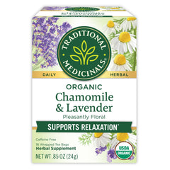 Traditional Medicinals chamomile lavender tea bags for a soothing, caffeine-free ritual.